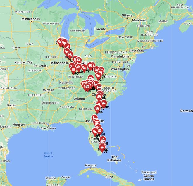 USA RV trip planner Chicago to Miami motorhome route plan